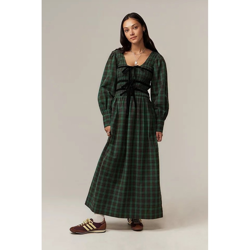 NWT DAMSON MADDER Elle Maxi Dress UK 16 US Size 12 Green Plaid Organic Cotton